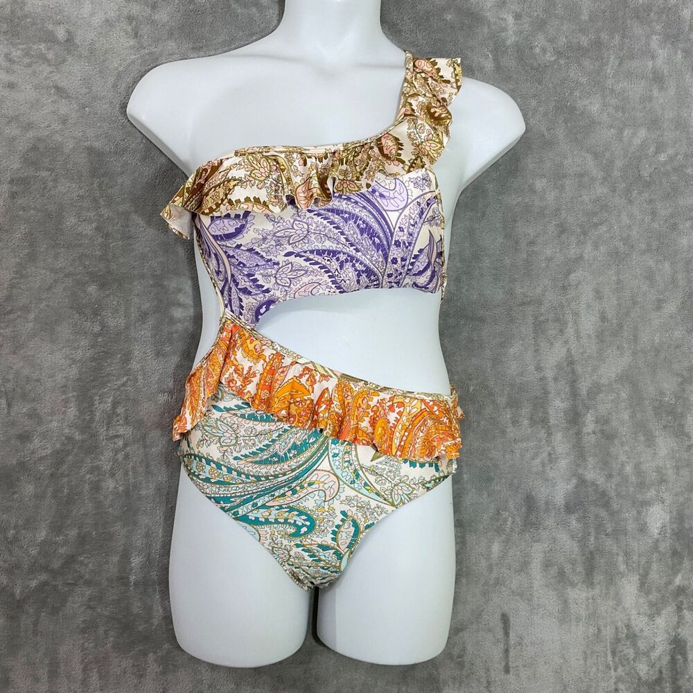 One-Shoulder Cut-Out One-Piece Swimsuit women’s size Large paisley multicolors - Picture 1 of 6